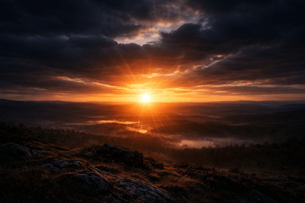 Sunrise after darkness with light breaking through clouds