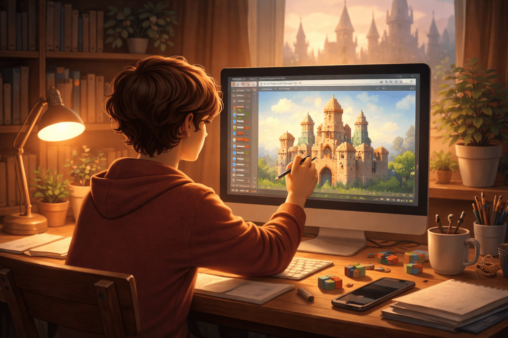 Adult enjoying creative playtime by building a virtual world, reading books, and relaxing in a calm indoor space