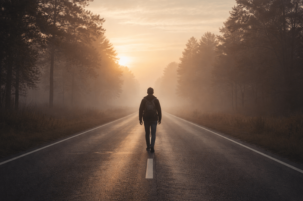 A lone person walking forward on a quiet road at sunrise, symbolizing focus on duty, inner peace, and trust in the journey