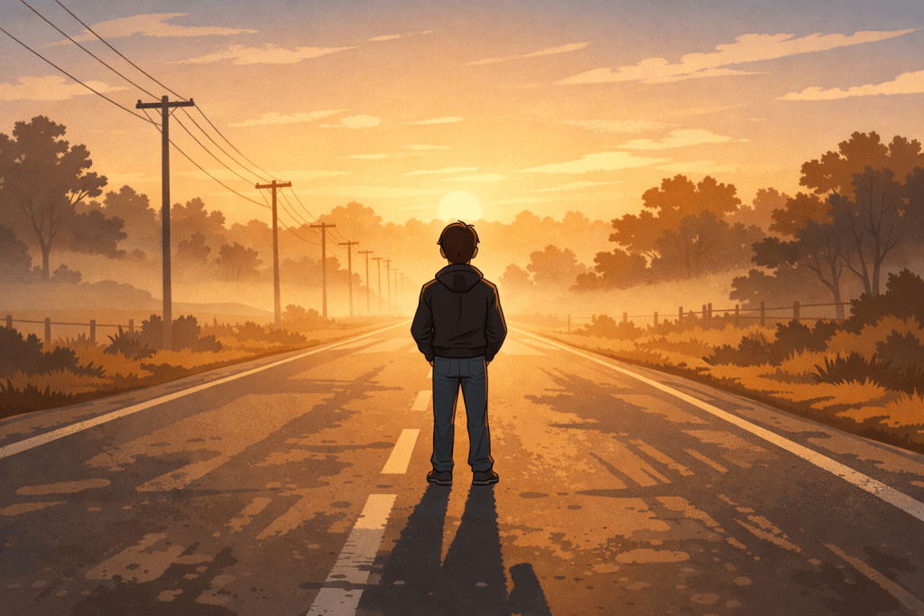 A lone person standing on an empty road at sunrise, symbolizing self-reflection and personal growth.
