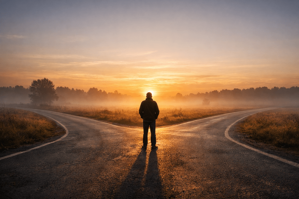A person standing at a crossroads during sunrise, symbolizing the decision to change routine, overcome procrastination, and move forward.