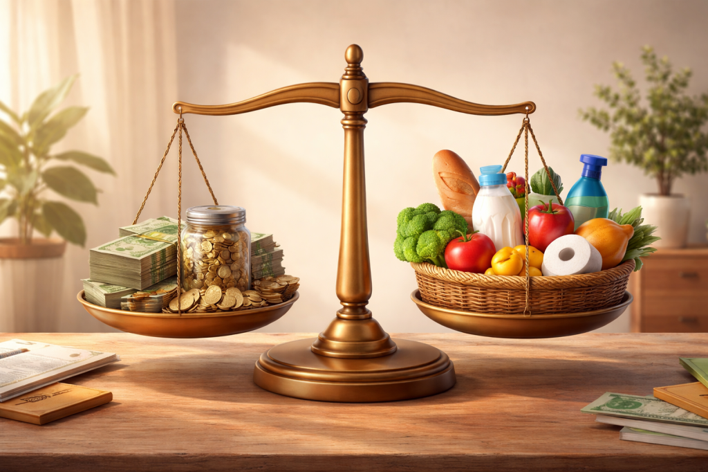 Balanced scale with cash and coins on one side and groceries and household essentials on the other, symbolizing budgeting balance between saving and spending.