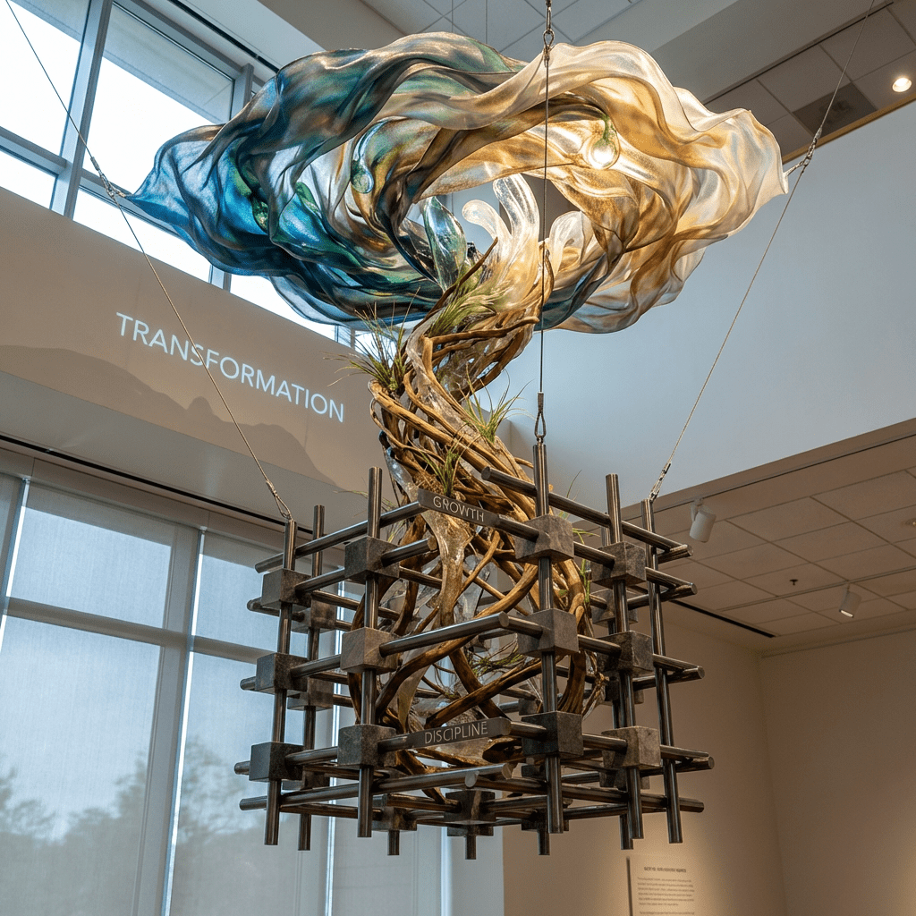 Suspended sculpture with metal cage and glass cloud labeled GROWTH, DISCIPLINE, and TRANSFORMATION.