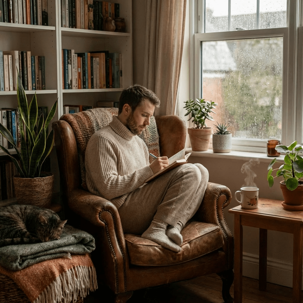 A woman journaling in a leather armchair beside a window on a rainy day.