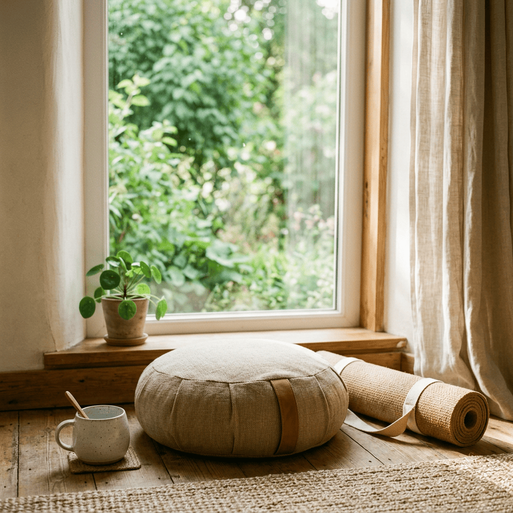 Yoga bolster, rolled mat, tea mug, and plant beside a sunlit window