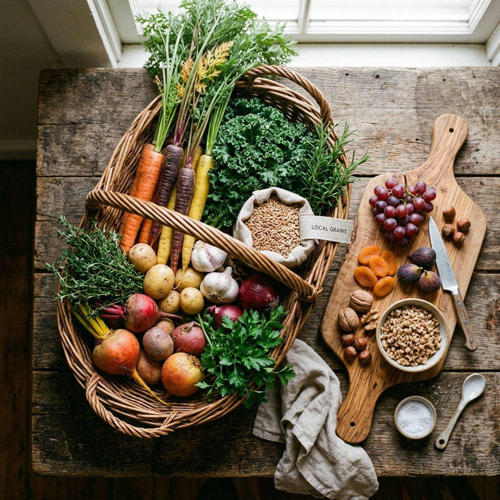 Basket of fresh produce beside cutting board labeled LOCAL GRAINS