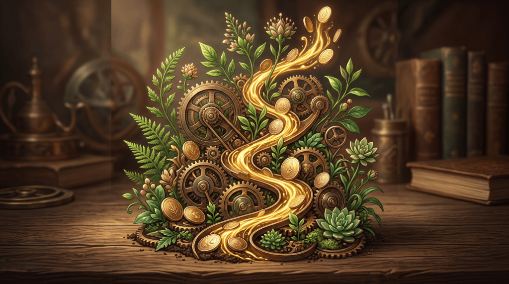 Golden stream flowing through gears, green plants, and scattered coins