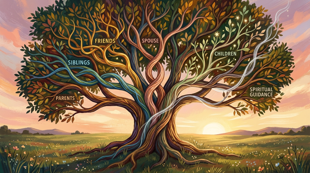 Illustrated tree labeled parents, siblings, friends, spouse, children, and spiritual guidance