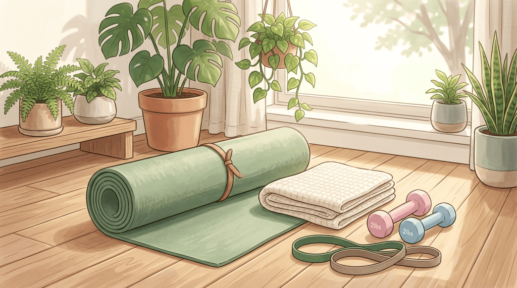 Rolled yoga mat, folded towels, dumbbells, resistance bands, and houseplants in a sunny room