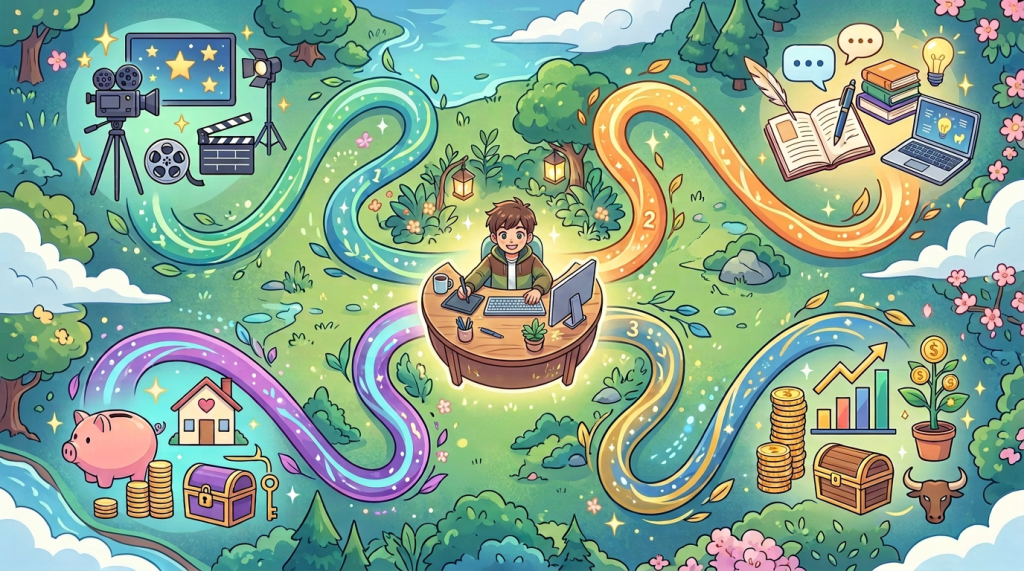 Whimsical roadmap linking creative work, learning, and financial growth