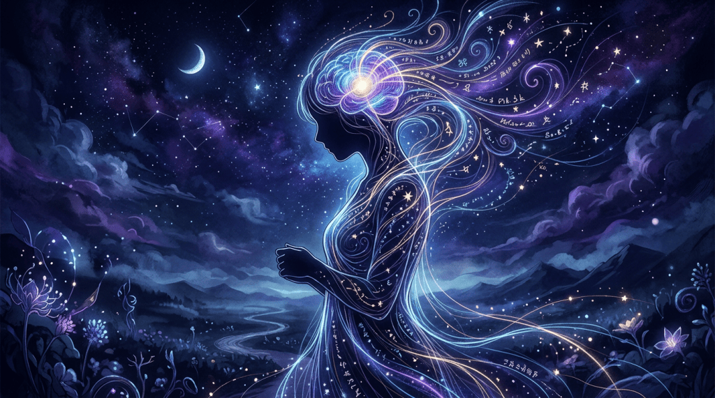 Silhouette of a woman beneath stars with a glowing, symbol-filled flowing aura