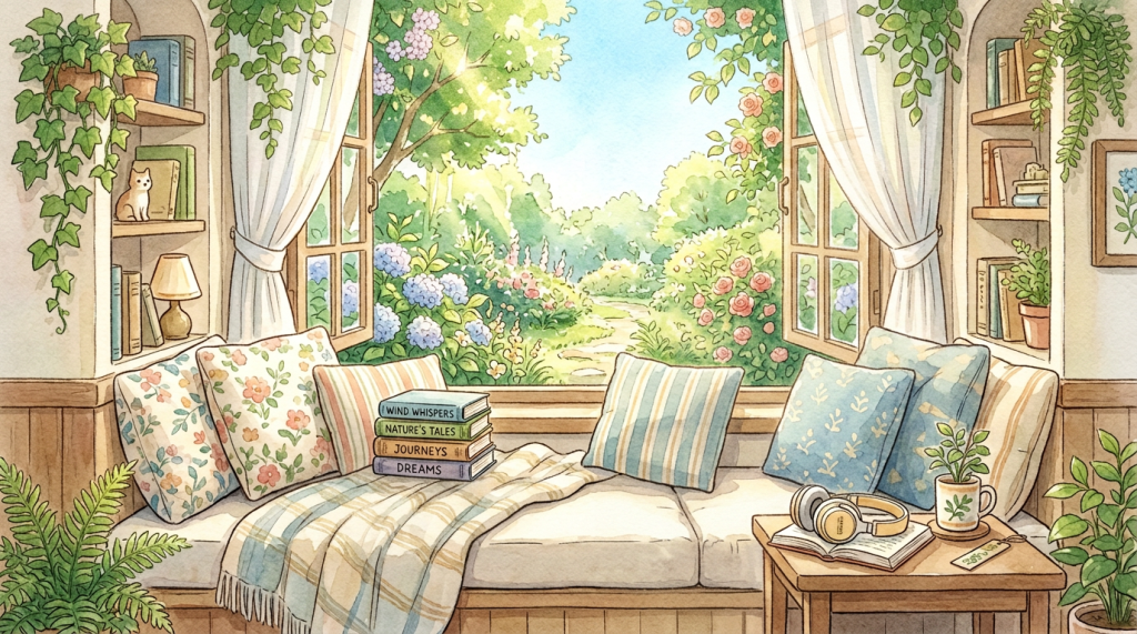 Woman reading a book on a window seat overlooking a flower garden
