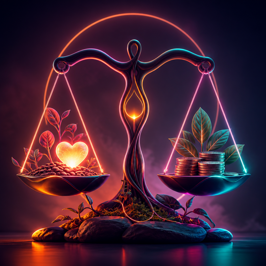 Neon balance scale holding a glowing heart and stacks of coins