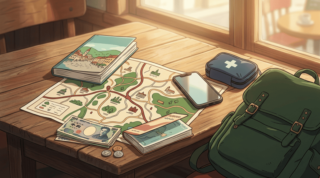 Travel map surrounded by guidebooks, phone, first-aid kit, currency, and backpack