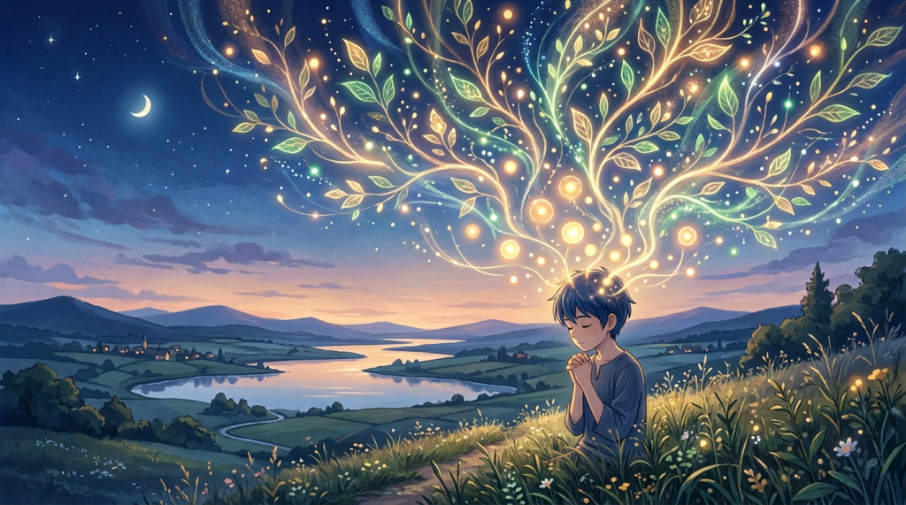 Girl praying beneath a glowing tree overlooking a valley at dusk