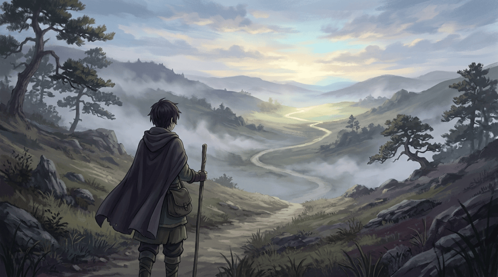 Traveler with walking staff overlooking a misty mountain valley