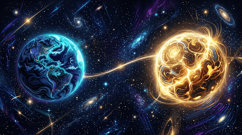 Glowing Earth and golden planet connected by a luminous path in space
