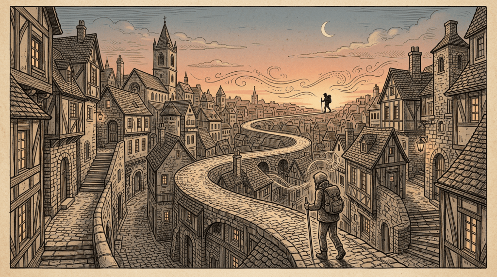 Hooded traveler walking along a winding rooftop path above a medieval town