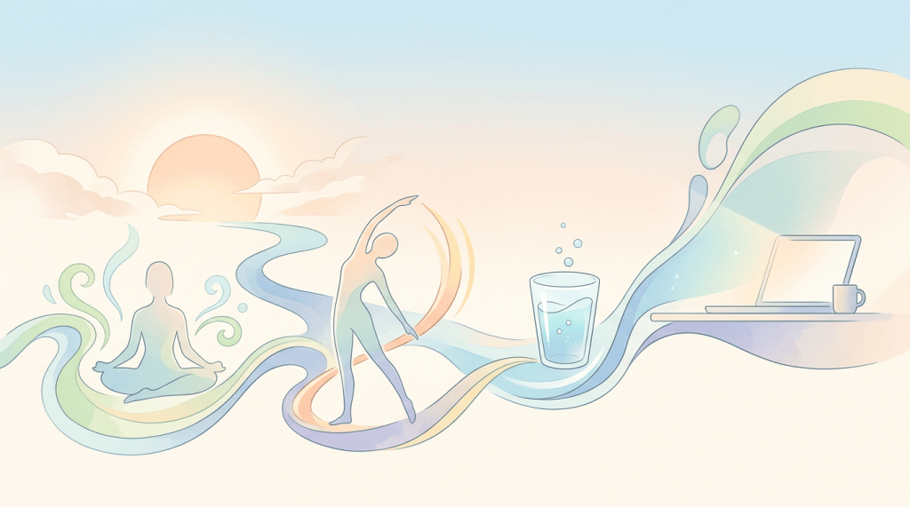 Pastel illustration of meditation, walking, water, and laptop work