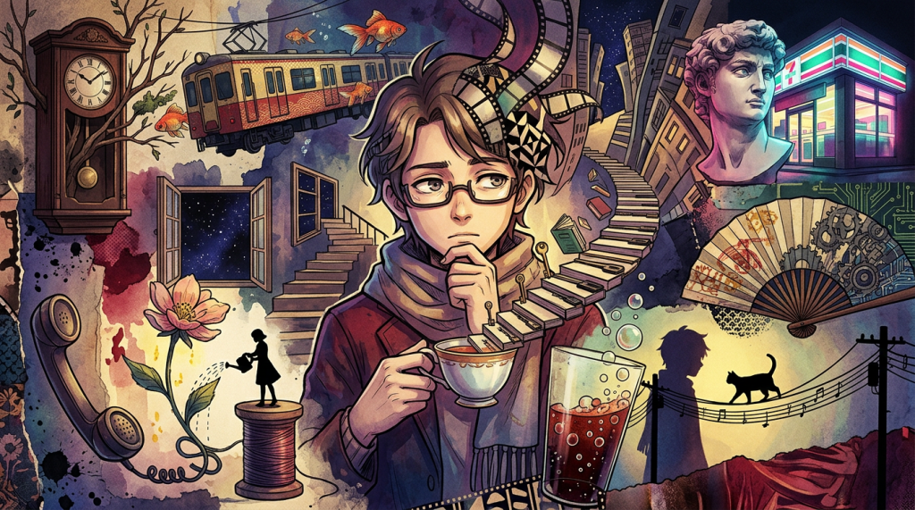 Surreal collage featuring a thoughtful person surrounded by symbolic objects