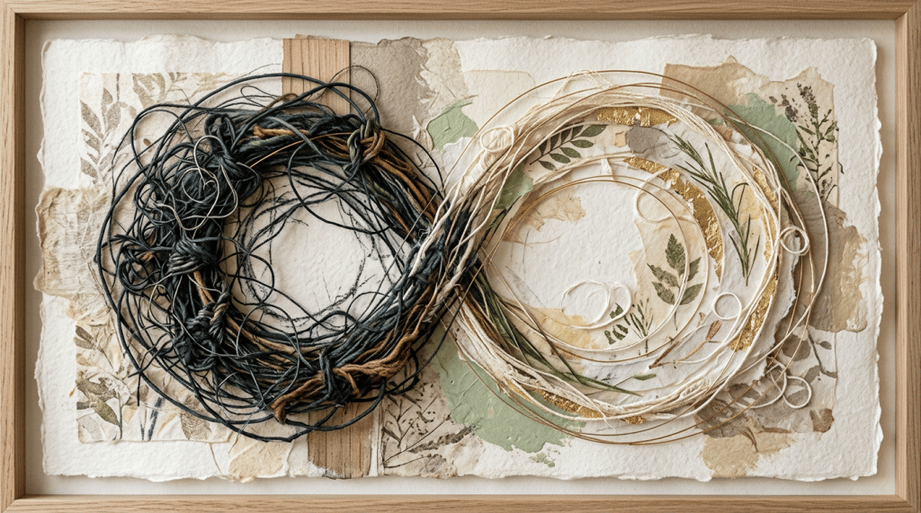 Dark and light bundles of threads on botanical handmade paper