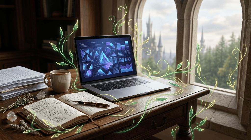 Laptop with colorful data visualizations on a desk beside notes and coffee