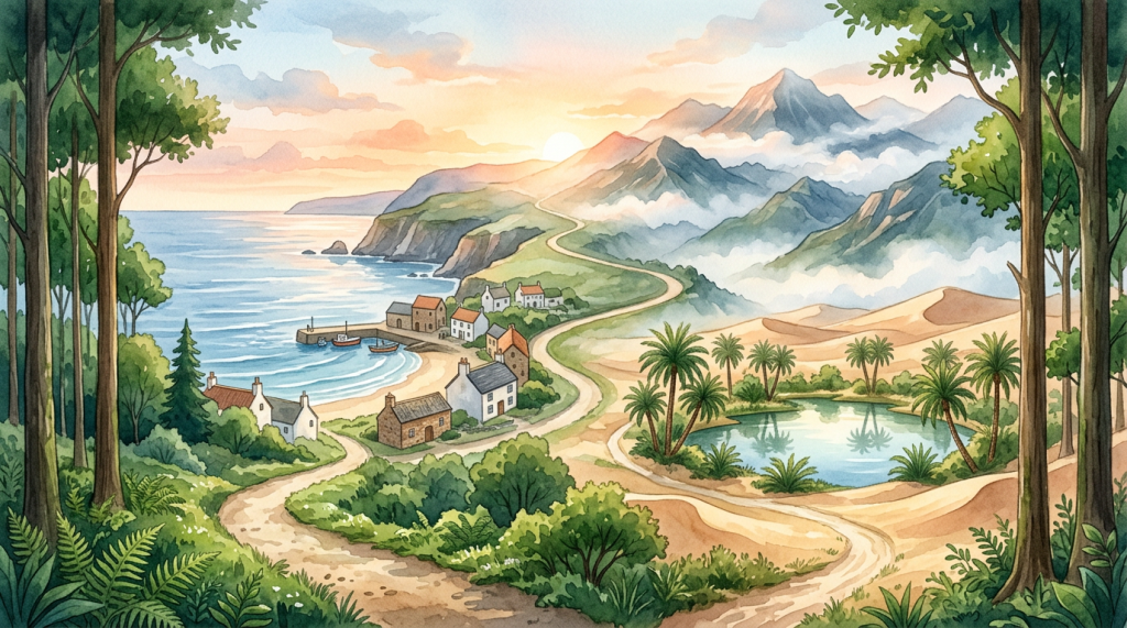 Watercolor landscape with coastal village, mountains, desert oasis, and winding roads