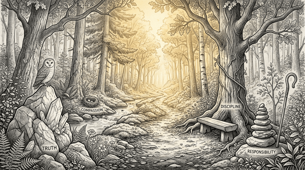 Allegorical forest path labeled TRUTH, COMPASSION, DISCIPLINE, and RESPONSIBILITY
