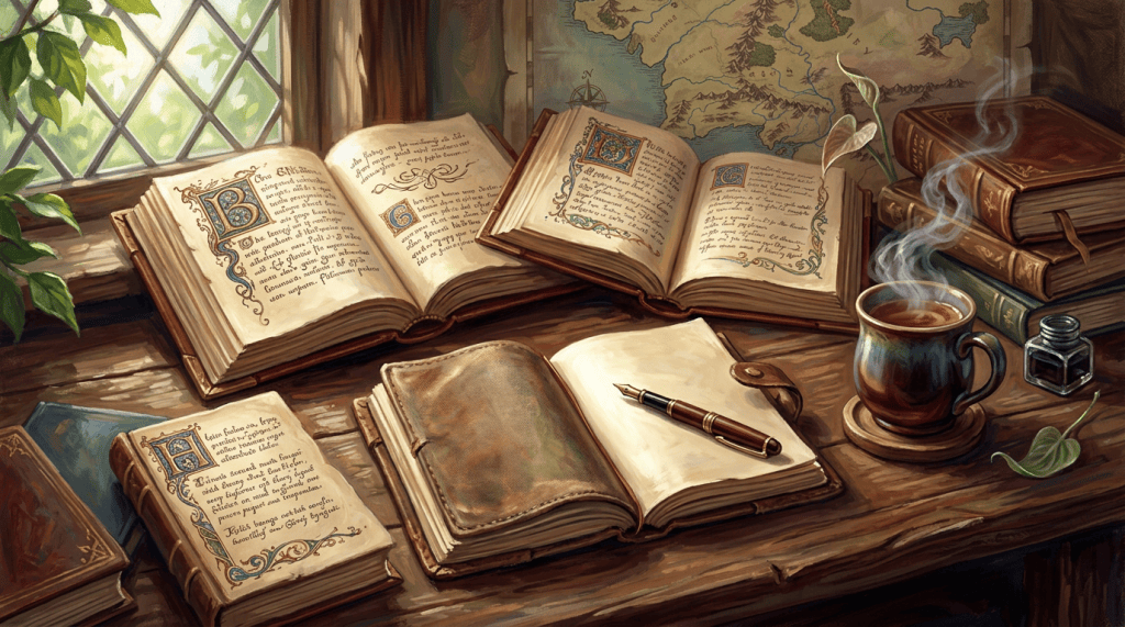 Open illuminated books, journal, pen, tea, map, and steaming ink bottle on wooden desk