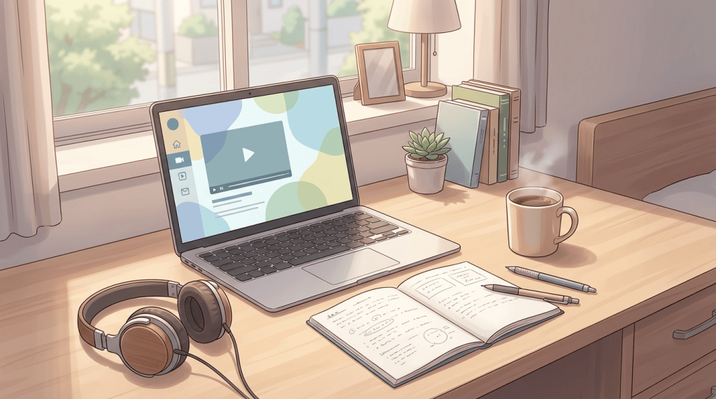 Laptop displaying a video beside notes, headphones, coffee, and a plant