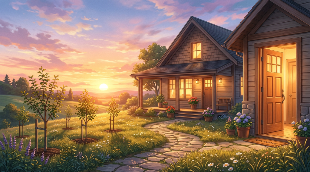 Cottage with glowing windows, garden path, and sunset countryside