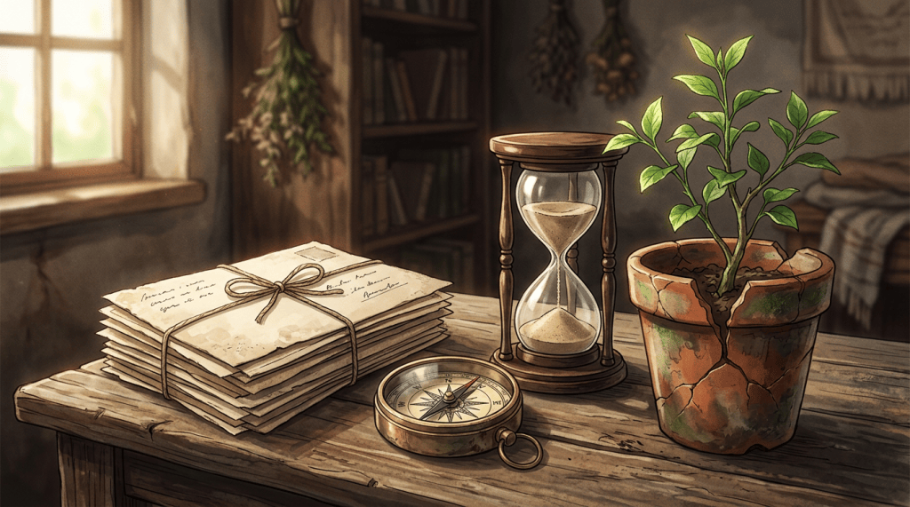 Letters, hourglass, compass, and potted plant on a rustic wooden table