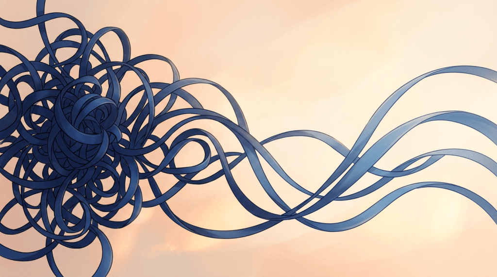 Interwoven navy ribbons extending across a warm peach background