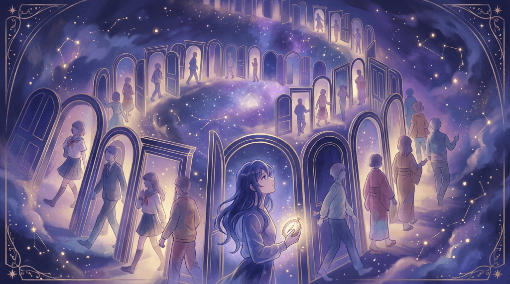 People walk through glowing doors across a star-filled, dreamlike landscape