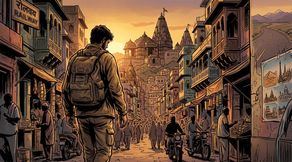 Backpacker walking through a busy Indian street toward temple spires