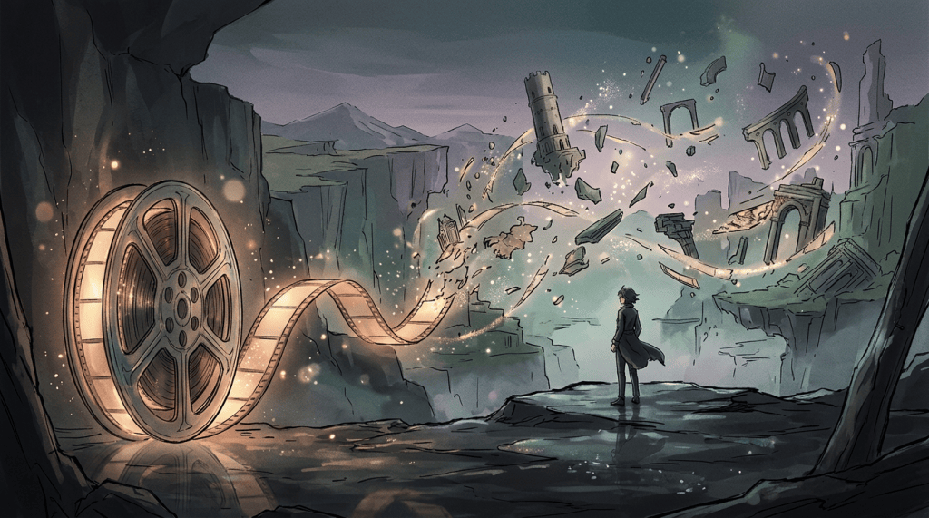Lone traveler watching a glowing film reel flow through floating ancient ruins