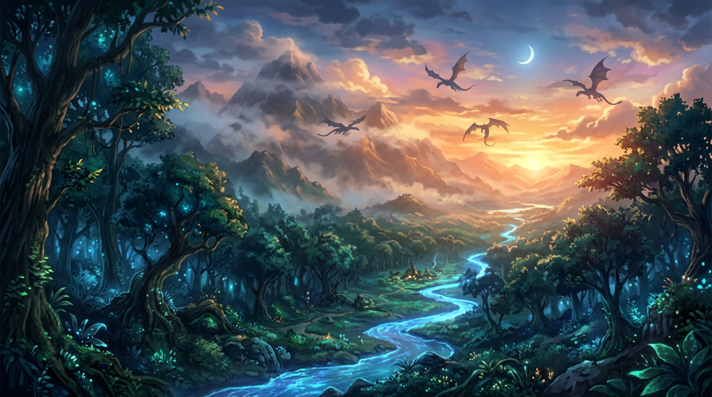 Enchanted forest valley with glowing river, mountains, dragons, and crescent moon