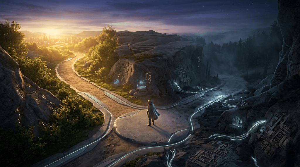 Cloaked traveler standing at glowing paths between a bright valley and dark forest