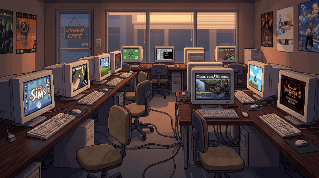 Retro early-2000s computer browsing center