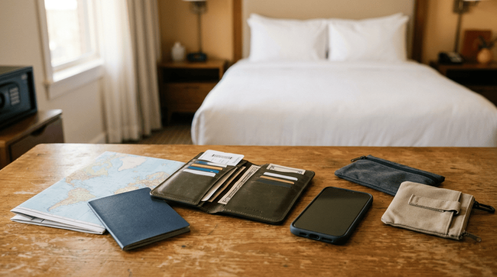 Travel documents, wallets, map, phone, and pouches on hotel room table