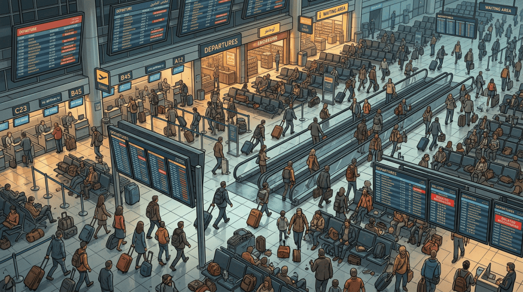 Busy airport terminal with travelers, luggage, departure boards, gates, and escalators