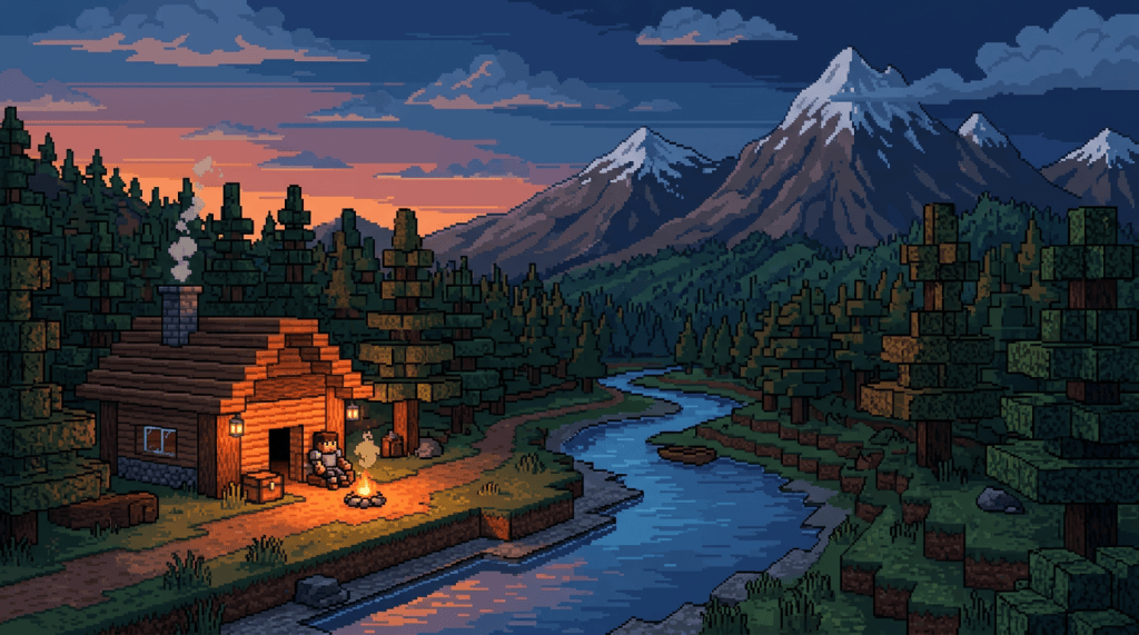 Pixel art cabin beside a river with mountains at sunset
