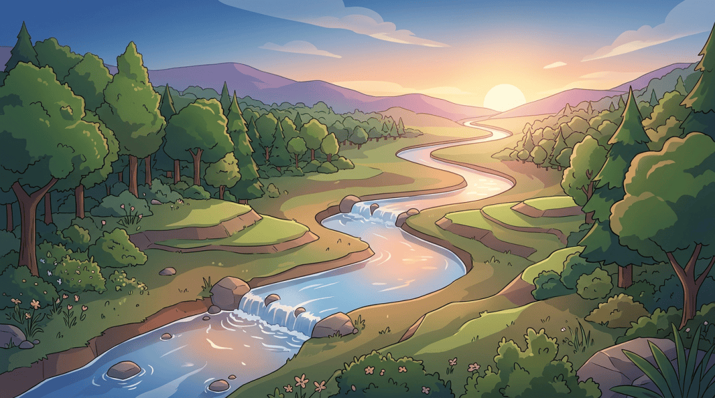 Winding river with waterfalls through a forested mountain valley at sunset