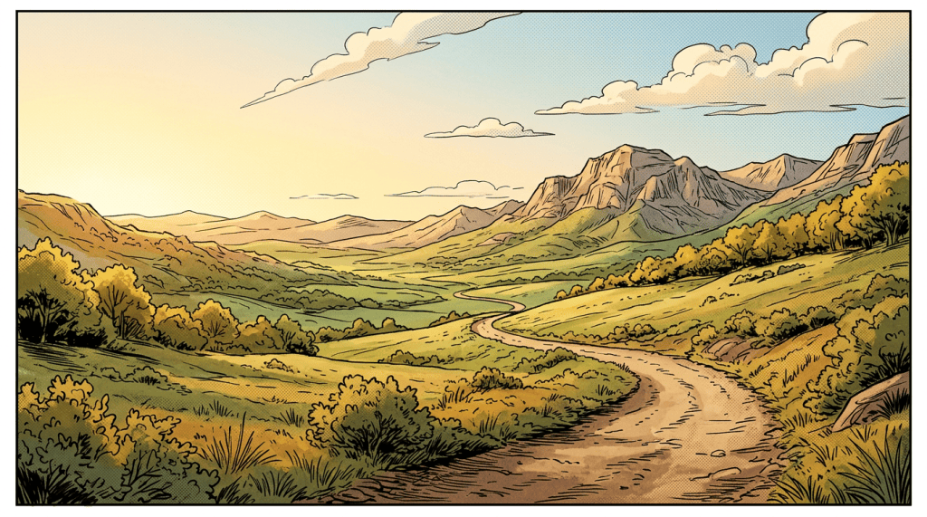 Illustrated mountain valley with a winding dirt trail and distant peaks